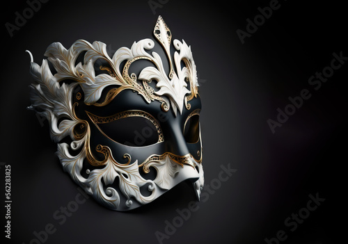 Cosplay, Venetian mask. Black and white masquerade party mask on a dark background. Mardi Gras Mask. AI generative