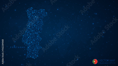 Map of Portugal modern design with polygonal shapes on dark blue background. Business wireframe mesh spheres from flying debris. Blue structure style vector illustration concept