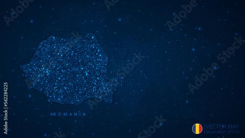 Map of Romania modern design with polygonal shapes on dark blue background. Business wireframe mesh spheres from flying debris. Blue structure style vector illustration concept