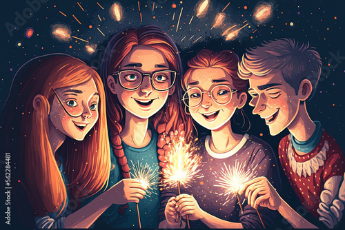 a group of friends lighting sparklers and having fun. young people having fun with fireworks. Generative AI