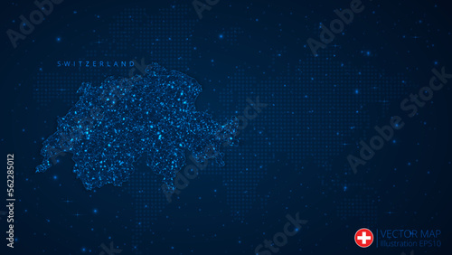 Map of Switzerland modern design with polygonal shapes on dark blue background. Business wireframe mesh spheres from flying debris. Blue structure style vector illustration concept