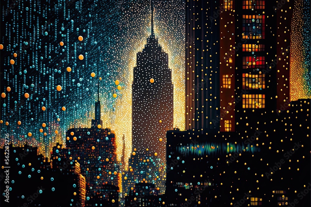 AI-generated illustration of a city skyline at night, with lots of dots ...