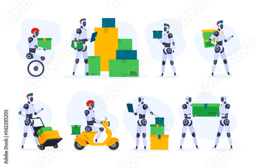 Delivery robot courier service artificial intelligence innovation technology set isometric vector