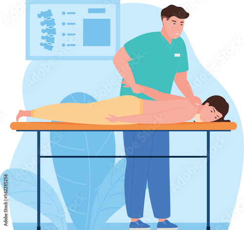 Massage spine back orthopedic medical rehab injury help patient recovery vector flat illustration
