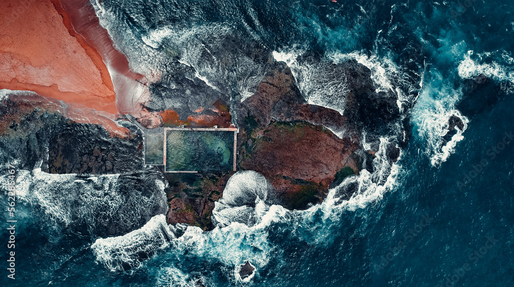 Fototapeta premium Aerial Drone View Of Popular Mona Vale Beach Rock Pool In Australia, Shore On Left Side