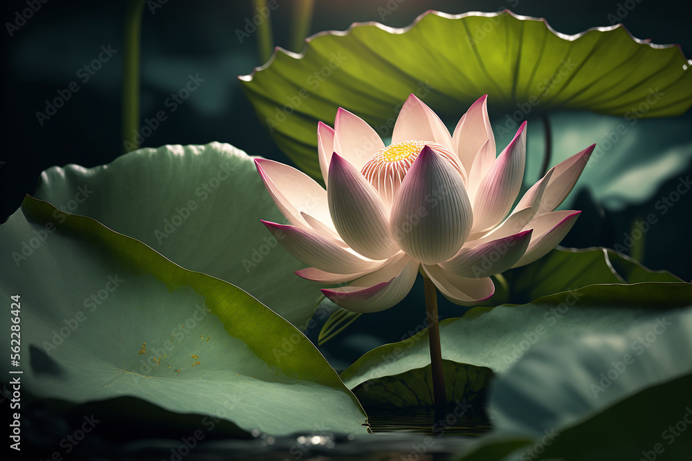 Beautiful lotus flower interspersed with leaves. Generative AI. The