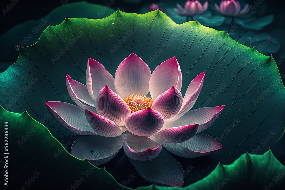 Beautiful lotus flower interspersed with leaves. Generative AI. The