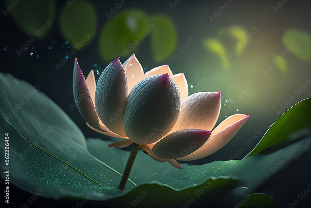 Beautiful lotus flower interspersed with leaves. Generative AI. The