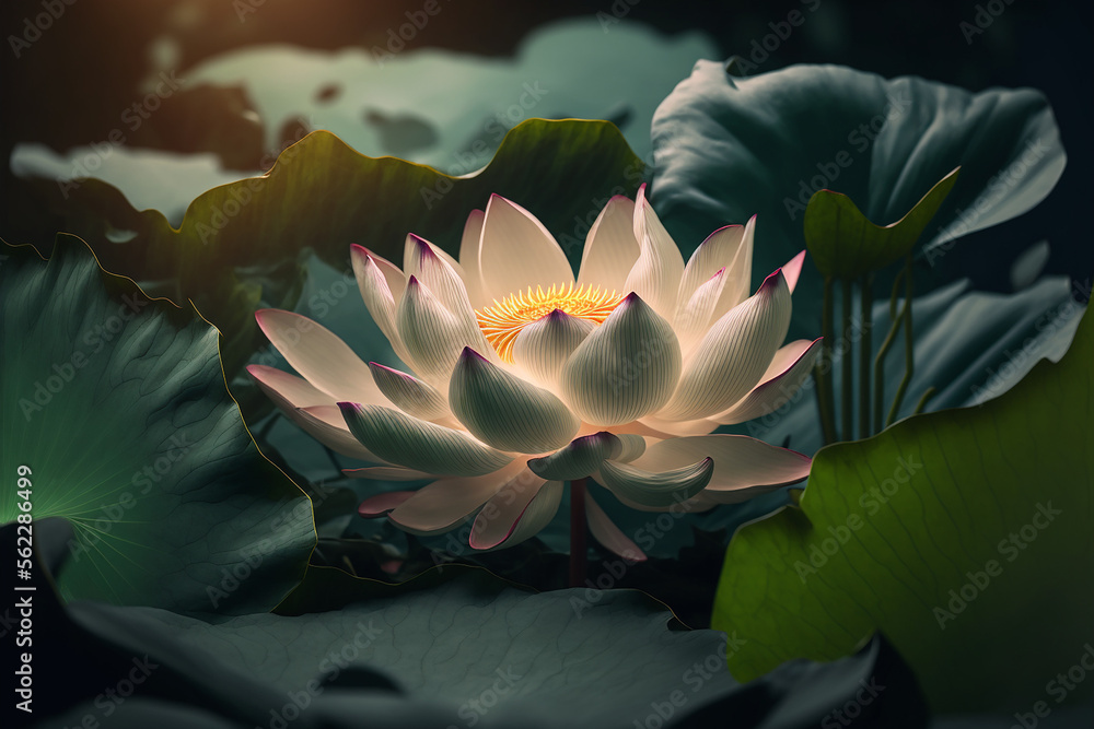 Beautiful lotus flower interspersed with leaves. Generative AI. The