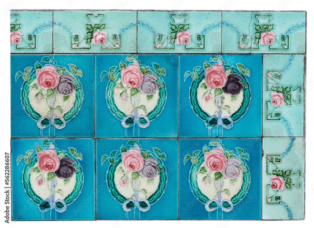 Rows of antique Nyonya Tiles with red and purple roses. Vintage blue