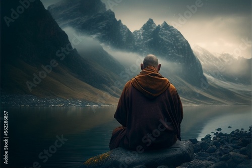 Fotografia A tibetan buddhist monk from back sitting on the stone close to the water in the