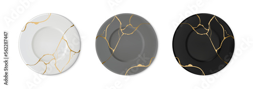 Set of plates with gold kintsugi. Crack and broken effects. Restoration of broken ceramic. Marble texture. Modern vector illustration. Japanese art of repair. Home decoration element.