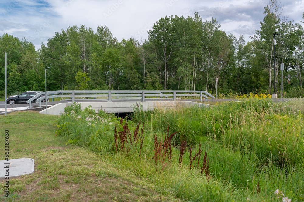Three sided precast concrete bridge with guide rails installed over a