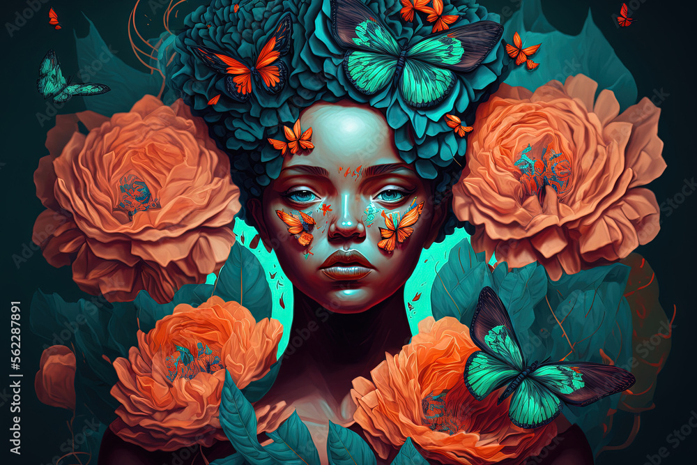 Surreal portrait of a woman with butterflies and peony flower. Interior photo art in art deco style. Beautiful surrealistic art picture with blue, orange, green color. Mixed media. Generative AI
