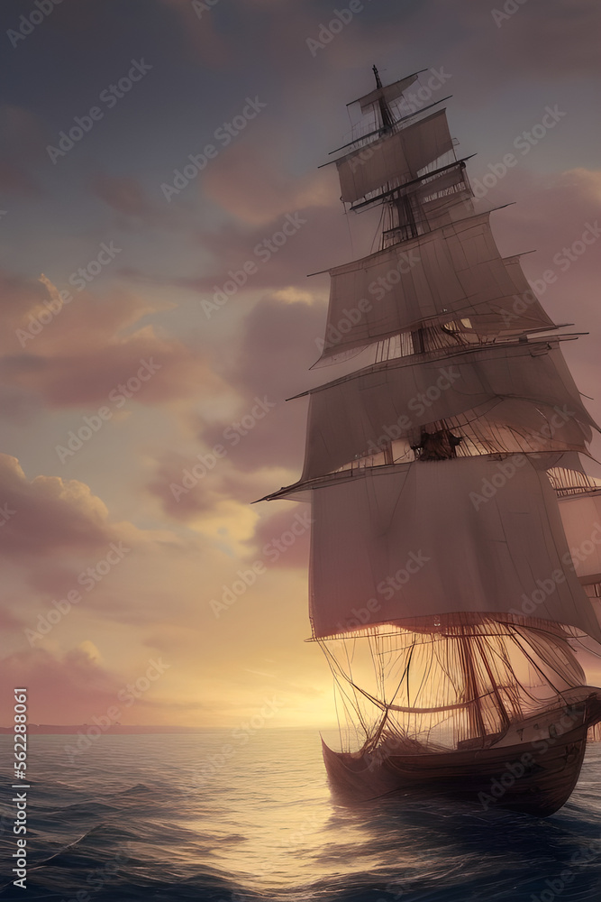 ultra realistic sailing ship, beautiful light, pale sunrise, cinematic lighting generative ai