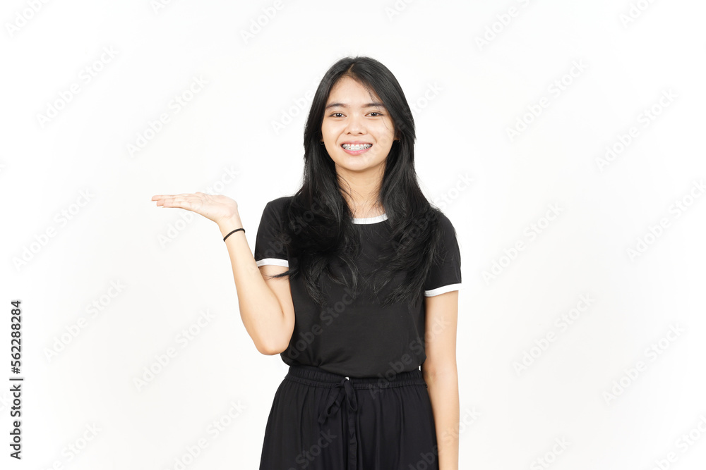 Showing and Presenting Product on Open Palm Of Beautiful Asian Woman Isolated On White Background Showing and Presenting Product on Open Palm Of Beautiful Asian Woman Isolated On White Background