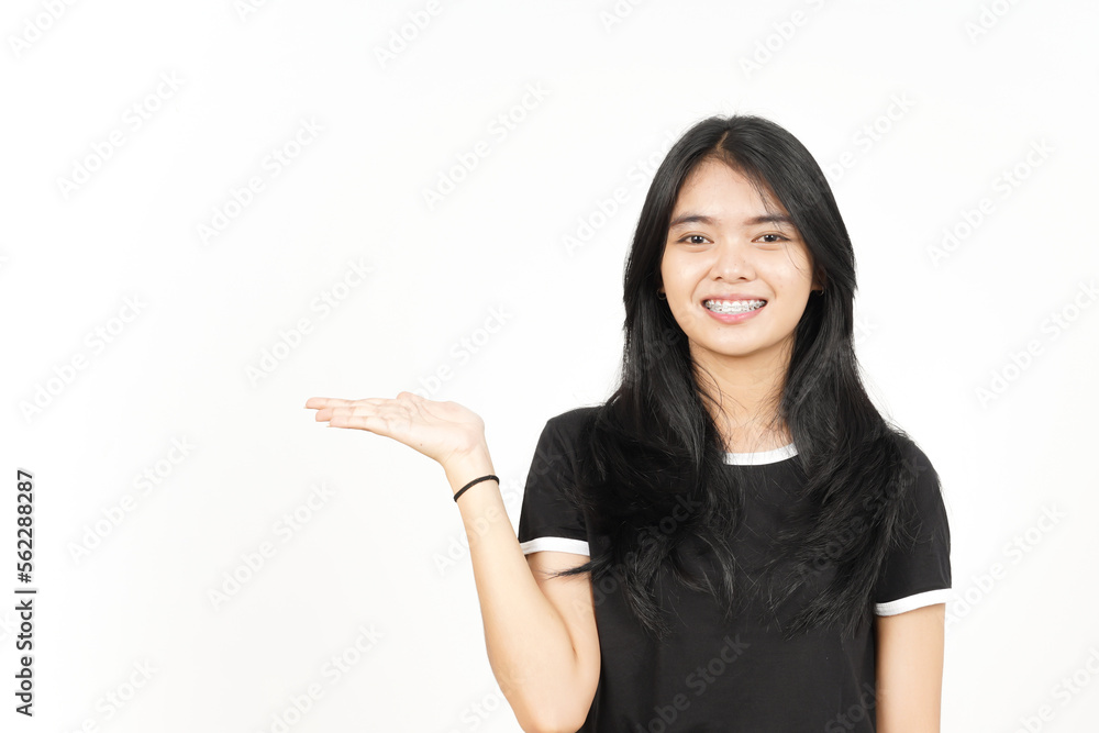 Showing and Presenting Product on Open Palm Of Beautiful Asian Woman Isolated On White Background Showing and Presenting Product on Open Palm Of Beautiful Asian Woman Isolated On White Background