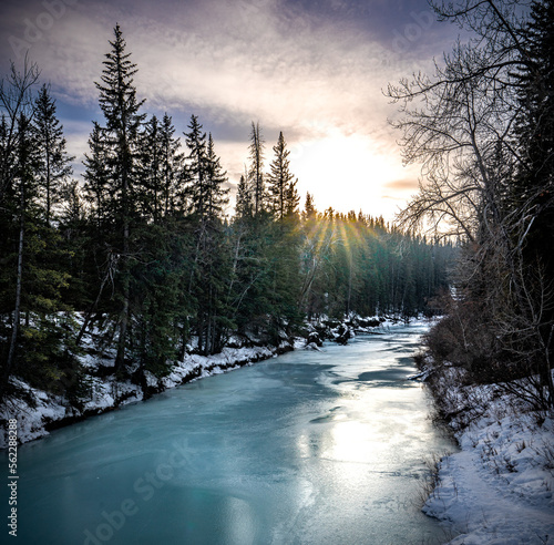Winter frozen river and forest landscape from Fish Creek Provincial park in Calgary Alberta Canada