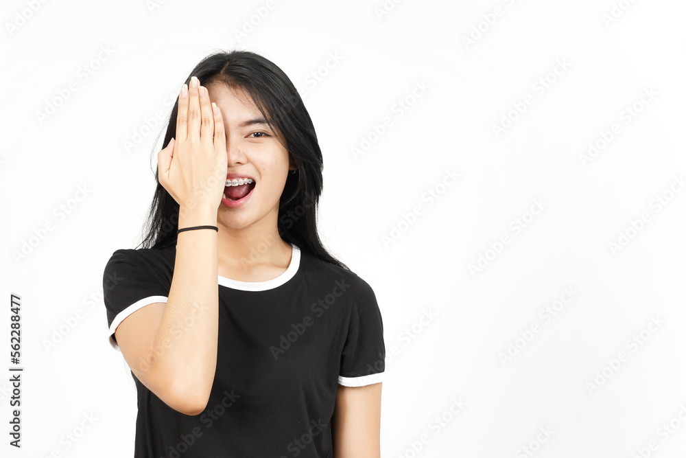 Smiling and Covering Half Face Of Beautiful Asian Woman Isolated On White Background Smiling and Covering Half Face Of Beautiful Asian Woman Isolated On White Background