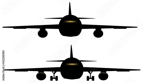 An airliner, airplane is seen in silhouette with landing gear up and with landing gear down in an image on a transparent background.