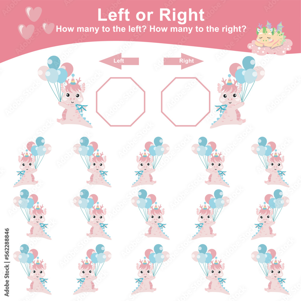 Left or right with cute baby dragon holding balloons. Counting worksheet for kids. Math game. Count and write the result. Left or Right worksheet for kids. Educational printable math worksheet. Left or right with cute baby dragon holding balloons. Counting worksheet for kids. Math game. Count and write the result. Left or Right worksheet for kids. Educational printable math worksheet.