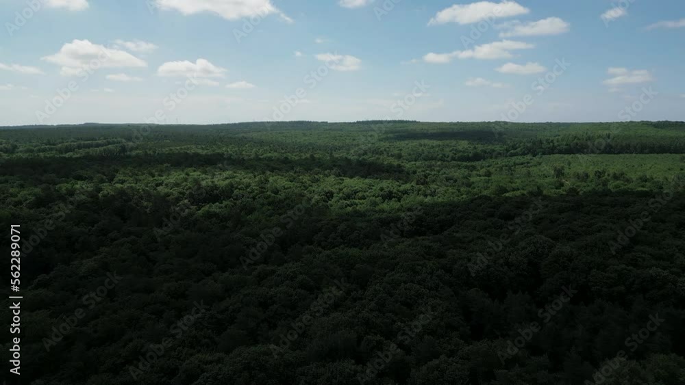 Drone flying over Brocéliande Breton forest in France. Aerial forward. Sky for copy space Drone flying over Brocéliande Breton forest in France. Aerial forward. Sky for copy space