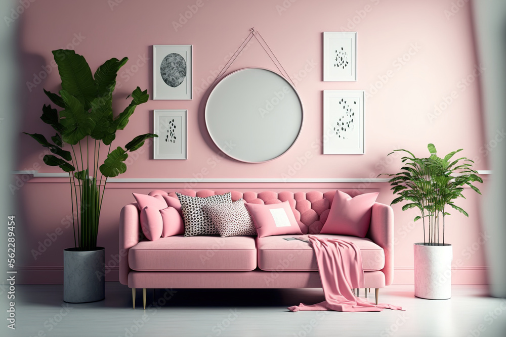 Pink living room. Wall space for artwork and photos. cozy couch filled