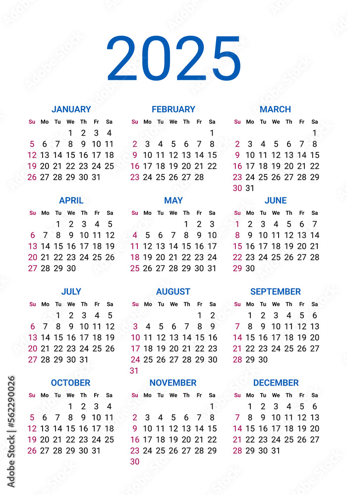 2025 year calendar, week starts on Sunday mockup design. Simple year pocket or wall calendar template, corporate design planner template vector illustration 2025 year calendar, week starts on Sunday mockup design. Simple year pocket or wall calendar template, corporate design planner template vector illustration