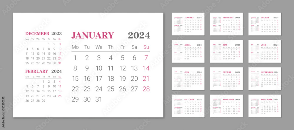 Wall calendar template for 2024 year in minimalist style. Event planner, diary template, week starts on Monday, 12 months set. Monthly calendar ready for print vector illustration Wall calendar template for 2024 year in minimalist style. Event planner, diary template, week starts on Monday, 12 months set. Monthly calendar ready for print vector illustration