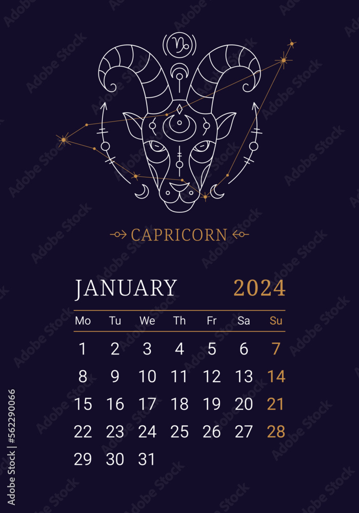 Vecteur Stock 2024 Astrology wall monthly calendar with Capricorn