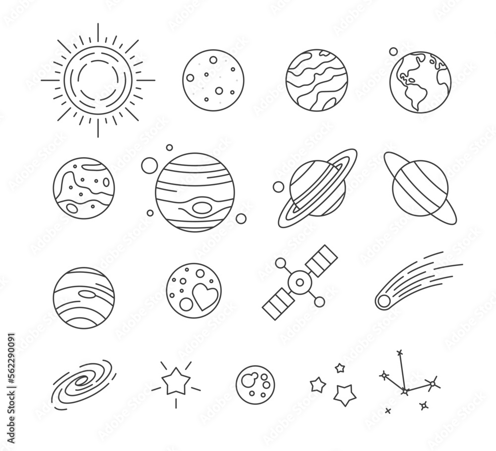 Solar system planets, falling meteor, stars and space satellite set. Universe, celestial bodies, astronomy science concept thin line vector illustration isolated on white - obrazy, fototapety, plakaty 