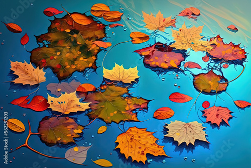 Reflections of vibrant autumn leaves in the water. Generative AI