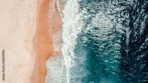 Aerial Drone Overhead Shot of Beach With No People, Blue Water, Waves, Sunny Day