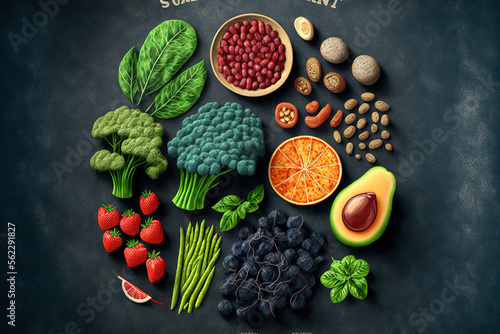 Anti inflammatory diet concept. Set of foods that help to reduce inflammation plant based ingredients, fresh fruit, green vegetables. Healthy diet products, top view, stone background. Toned photo