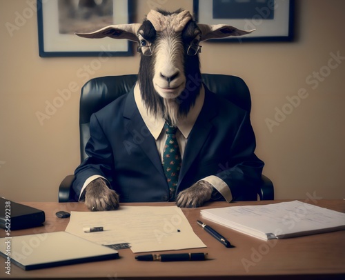 goat in a suit sitting at a desk, surrounded by documents, symbolising the hard work and determination it takes to be a successful business leader (AI Generated)