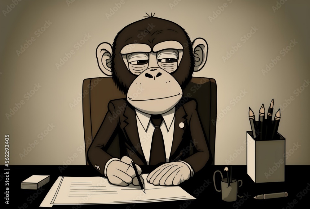 monkey wearing a suit and tie, sitting at a desk with a pen in hand ...