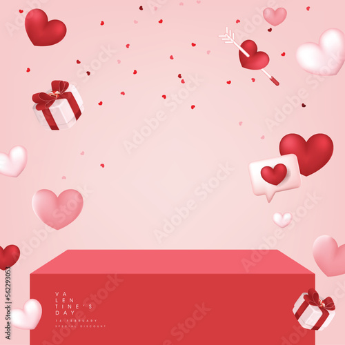 Valentine's day sale poster or banner backgroud with red table product display