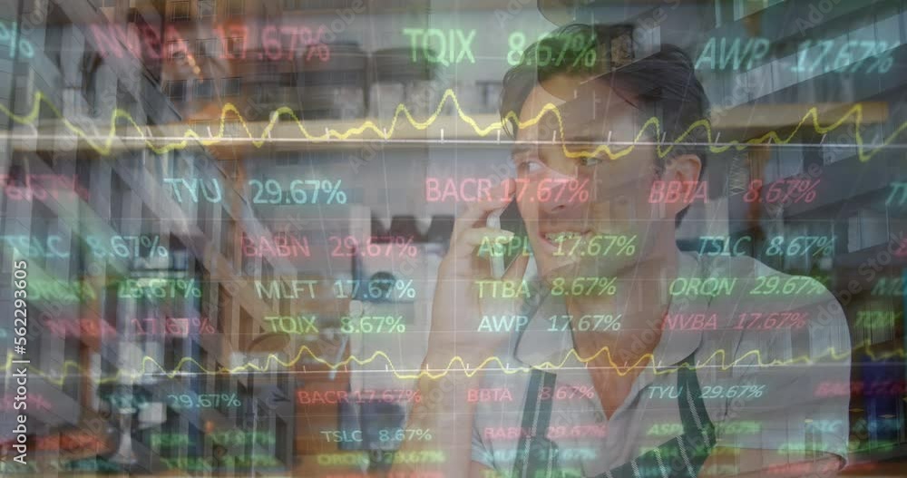 Animation of stock market data processing over caucasian male waiter talking on smartphone Animation of stock market data processing over caucasian male waiter talking on smartphone