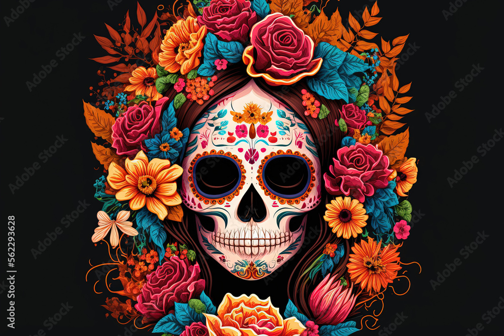 sugar skull adorned with vibrant flowers. Catrina Calavera. Day of the Dead. The Day of the Dead. A digital illustration. Generative AI