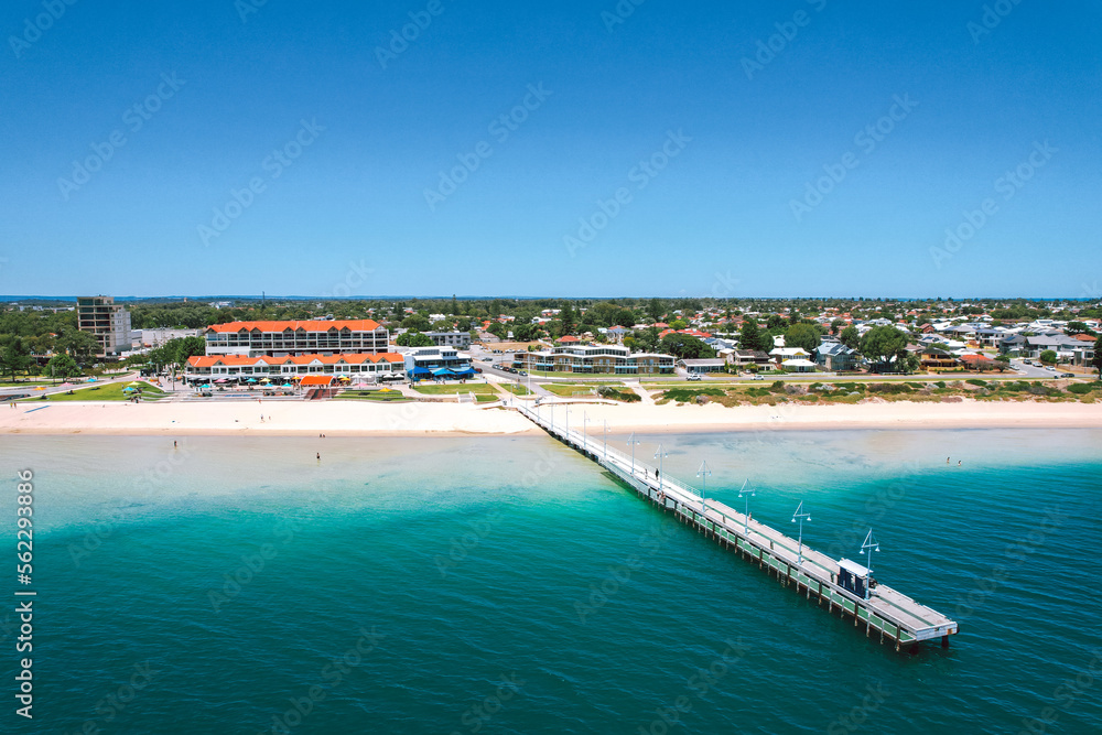 Rockingham Foreshore jetty and aerial view of the shallow clear ocean water