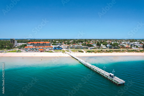 Rockingham Foreshore jetty and aerial view of the shallow clear ocean water