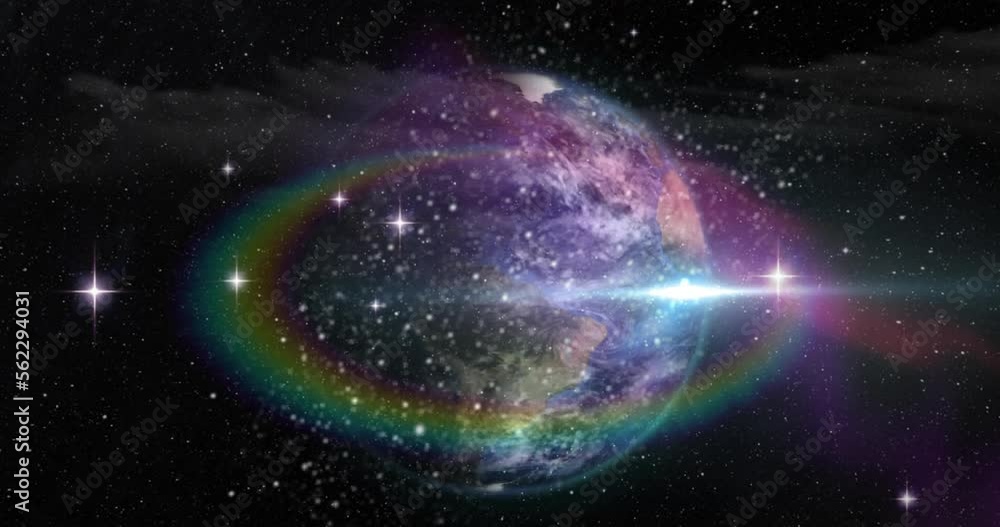 Animation of light spots and stars over globe on black background Animation of light spots and stars over globe on black background