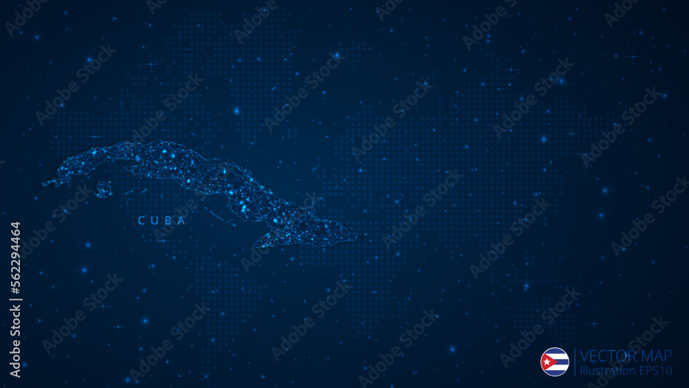 Map of Cuba modern design with polygonal shapes on dark blue background. Business wireframe mesh spheres from flying debris. Blue structure style vector illustration concept