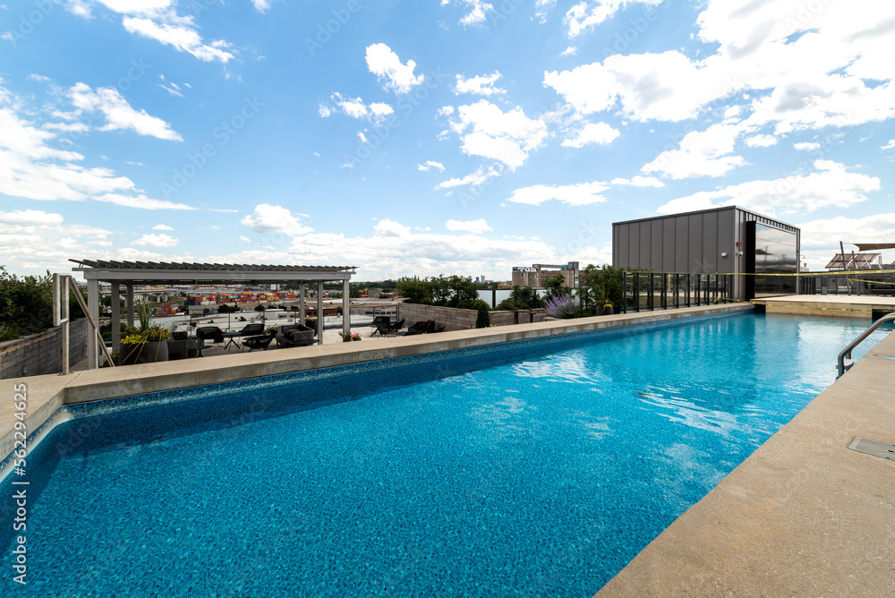 Luxury modern apartment in condominium in Montreal perfectly staged and furnished with amentinites common areas swimming pool, rooftop, terrace, gym, garden and city views