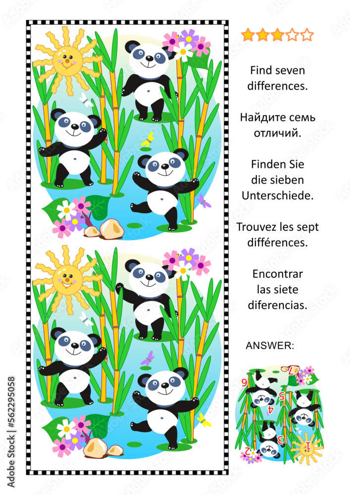 Fototapeta premium Difference game with cute panda bears feeding in bamboo forest. Answer included. 
