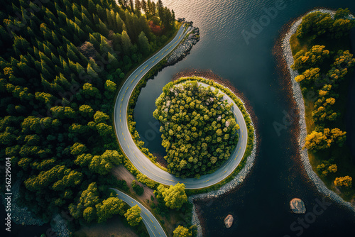 Bird's eye view of a curvy road next to water. Aerial, drone photography taken from above in Sweden in summer. Surroundings with trees and a lake. Copy space and place for text. Travel concept photo