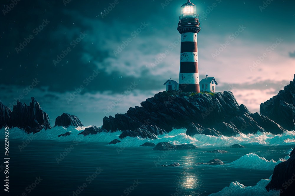 A white lighthouse with red stripes stands in a stormy sea. Generative AI