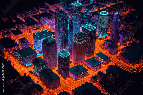 Seattle's downtown is seen from above at night in Washington, USA. Holographic artificial intelligence concept. Robotics, artificial intelligence, machine learning. Generative AI