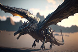 A black dragon is flying through the air, a large dragon with orange eyes and sharp teeth, Generative AI