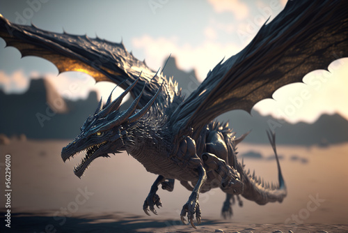 A black dragon is flying through the air, a large dragon with orange eyes and sharp teeth, Generative AI © Kafi